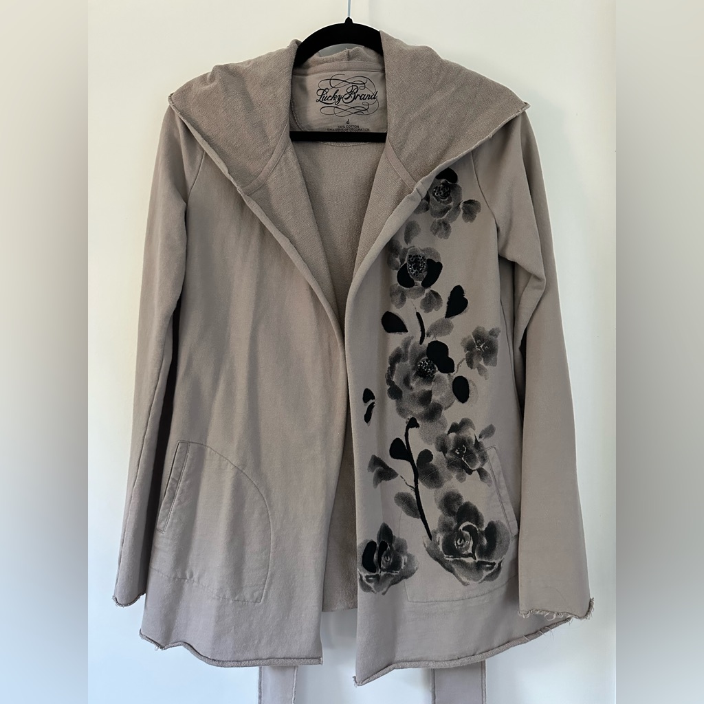 Lucky Brand Open Front Tie Waist Hooded Sweatshirt Cardigan Jacket Size S